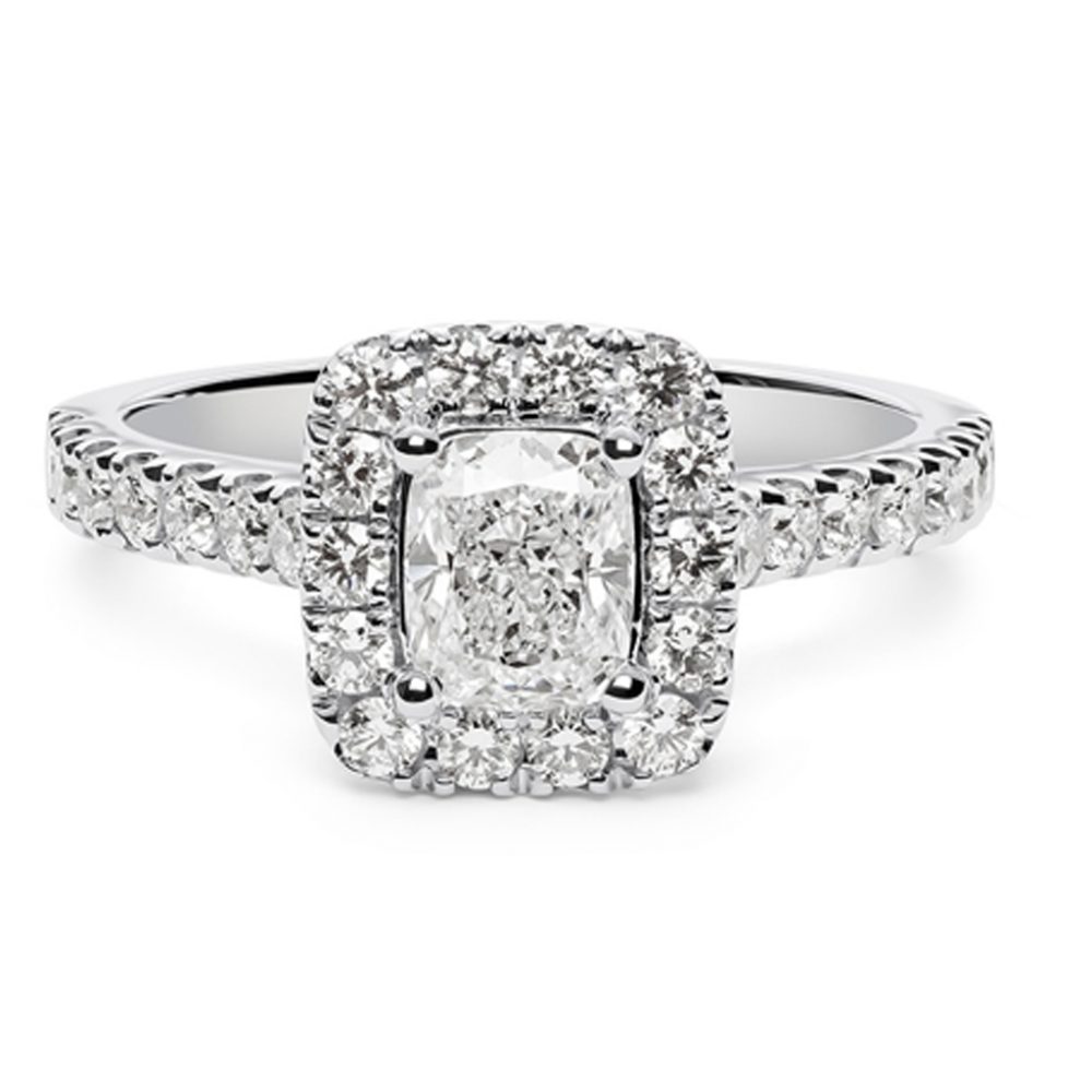 cushion cut diamond engagement ring with halo and diamond shoulders