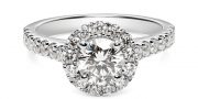 ROUND BRILLIANT DIAMOND ENGAGEMENT RING WITH HALO AND DIAMOND SHOULDERS