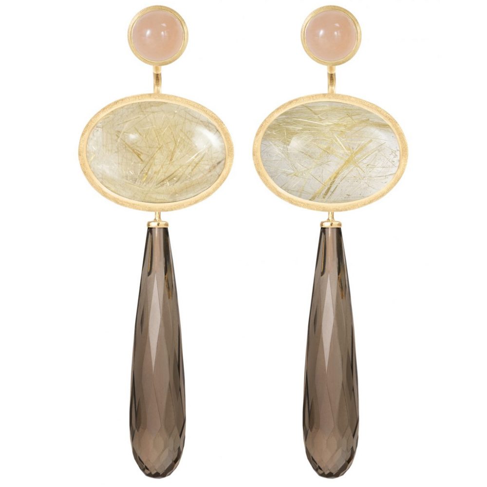 lotus combination earrings with blush moonstone rutile quartz and smoky quartz