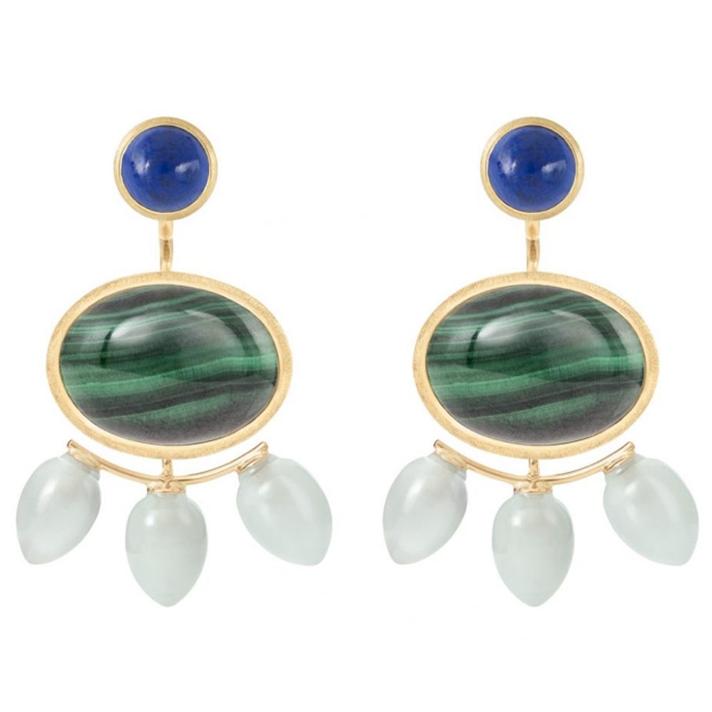 lotus combination earrings with lapis lazuli malachite and aquamarine
